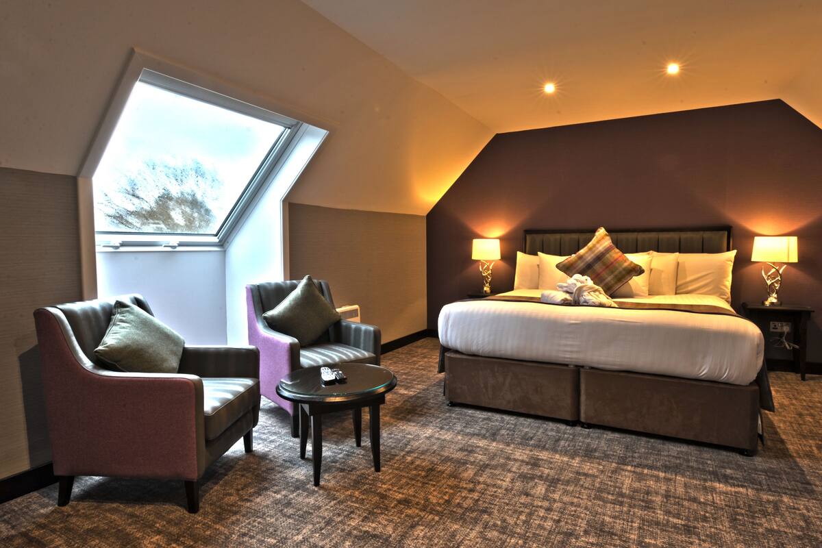 A hotel room with a large bed, two armchairs, a small table, and a skylight.