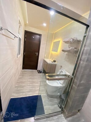 Hair dryer, bidet, towels, soap