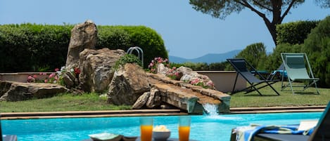 Seasonal outdoor pool, pool loungers