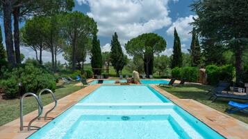 Seasonal outdoor pool, sun loungers