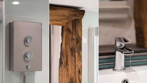 A bathroom with a modern shower control panel, a wooden accent, and a chrome faucet. - The Boathouse, St Ives – Sleeps 4 – Dog-Friendly (St Ives)