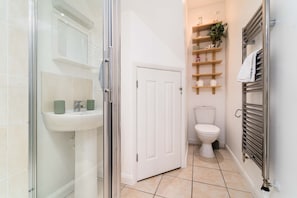 Bathroom features a glass shower enclosure, a sink, and a toilet, along with a shelf for toiletries and a towel rack.