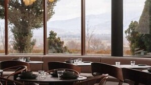 Een restaurant met ronde tafels en stoelen, grote ramen met uitzicht op bomen en bergen, en hangende sferische lampen.