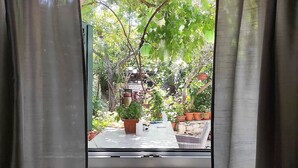 A view through a window with curtains, revealing a garden with potted plants and a brick pathway.