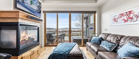 Télévision, cheminée, lecteur de DVD, chaîne hi-fi