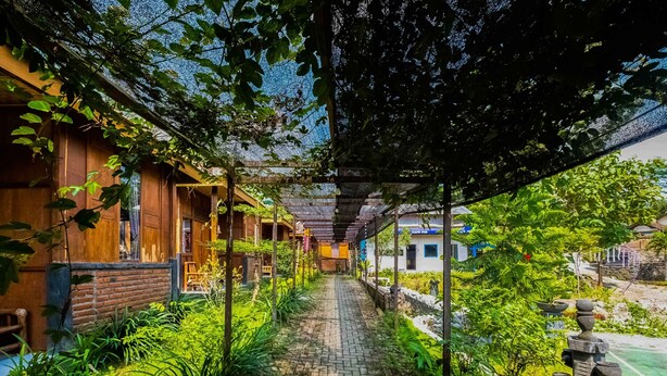 Un camino que lleva a edificios de madera con un espacio cubierto y abundante vegetación.