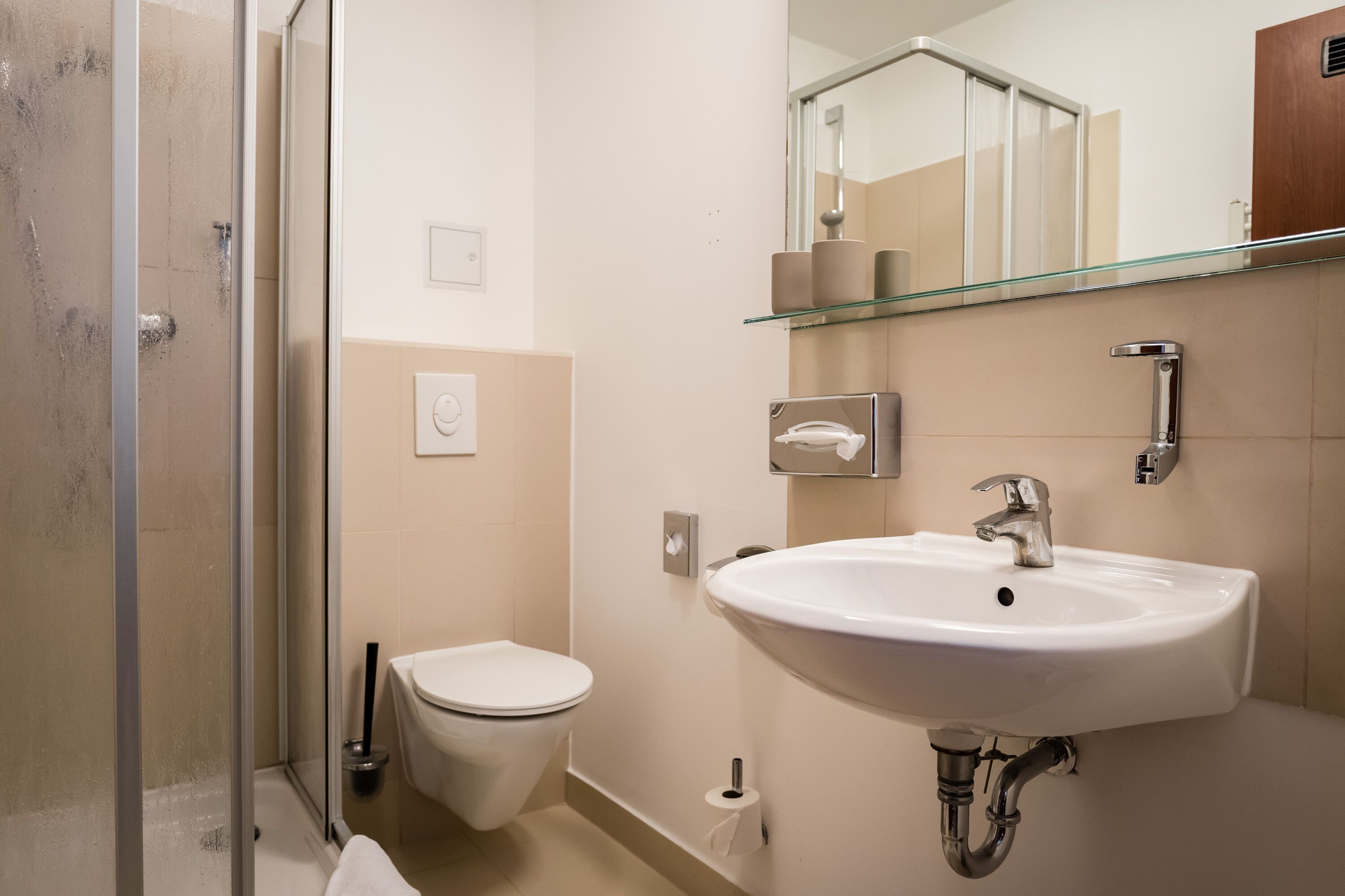 A modern bathroom with a glass shower enclosure, a white sink, and a toilet.