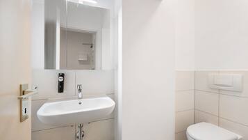 A bathroom with a white sink, a mirror, and a toilet.