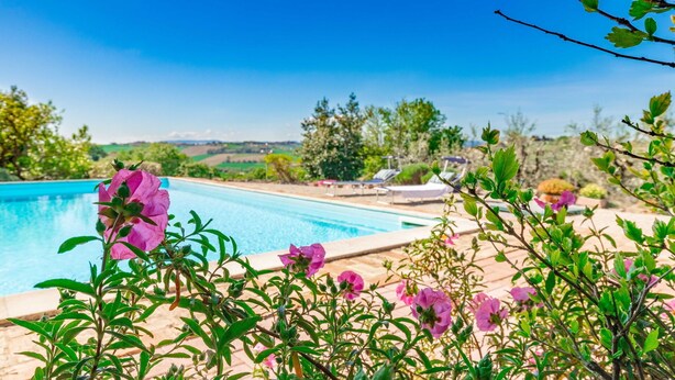 A swimming pool with lounge chairs, surrounded by greenery and a clear sky. - Italian Experience - Casa Bellavista (Ostra)