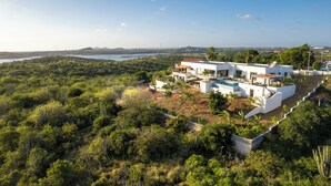 A modern white house with a swimming pool, surrounded by dense greenery and a view of a body of water.