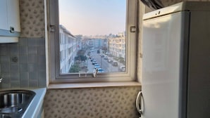 Une cuisine avec une fenêtre donnant sur la rue, un évier et un réfrigérateur.