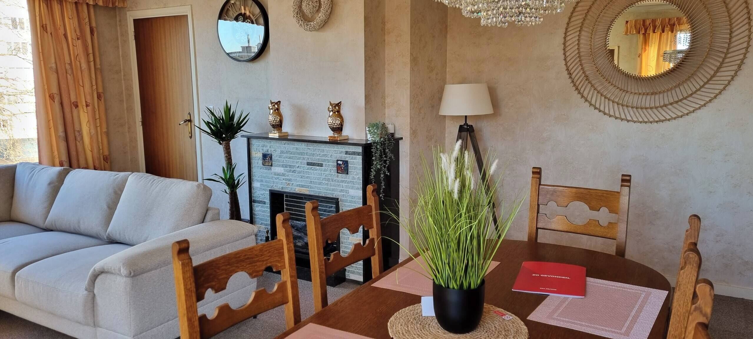 A living room with a sofa, wooden chairs, a fireplace, a table with a plant, and decorative items.