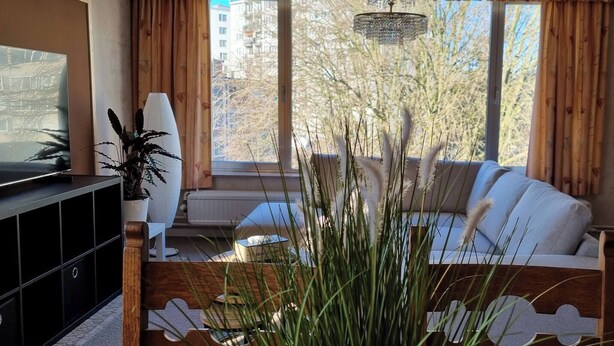 Un salon comprenant un canapé, un téléviseur, une cheminée et une grande fenêtre avec des rideaux.