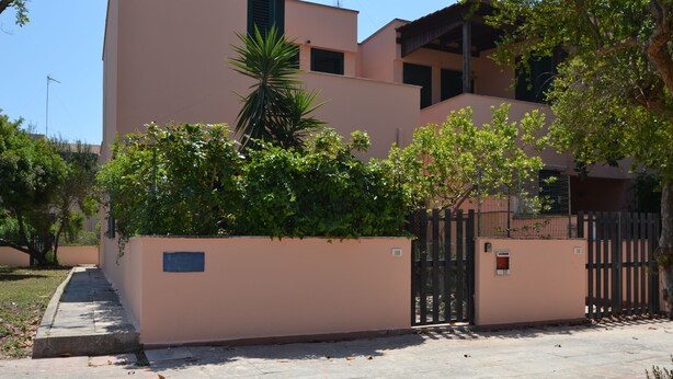 Ein Gebäude mit einer flachen Fassade, einem verschlossenen Eingang und einem kleinen Garten mit einer Palme.