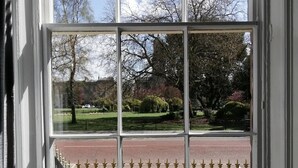 Ein Fenster mit Blick auf einen Park und eine Straße.