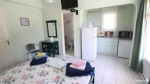 A compact room with a bed, a desk, a mirror, a television, and a kitchenette. - Room-pelagos Studios by Frangki (Aegina)