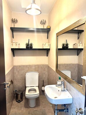 Ducha, secador de pelo, toallas, jabón