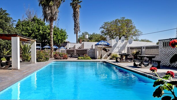A swimming pool with a clear blue water, surrounded by palm trees and a patio area with outdoor seating and umbrellas. - Pofadder Hotel (Pofadder)