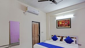 A bedroom with a bed, a ceiling fan, an air conditioner, a door, and a wall-mounted painting. - Hotel FNG Metro View (Noida)