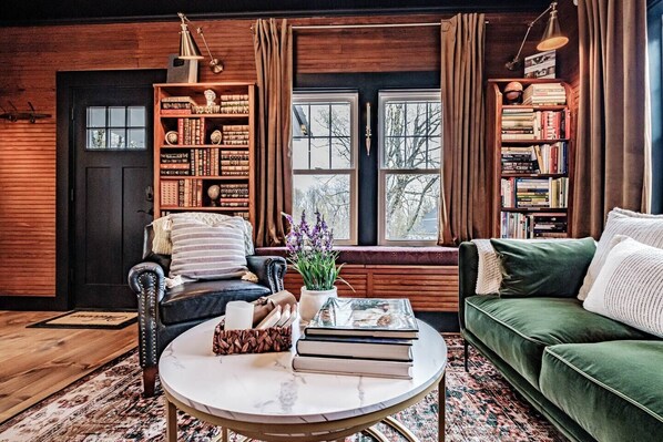 Smart TV, fireplace, books