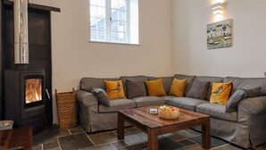 A cozy living room with a fireplace, a grey sofa with multiple cushions, a wooden coffee table, and a window with a view of houses. - Strawberry Bank - Pipistrelle (Holsworthy)