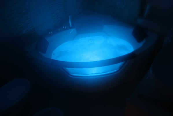 Jetted tub, hair dryer, bidet, towels