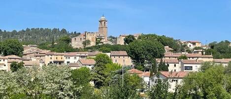 A historic town with a prominent tower, surrounded by residential buildings and lush greenery.