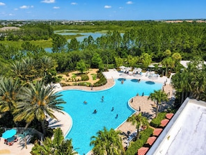 A large swimming pool with multiple lanes, surrounded by palm trees and lounge areas.