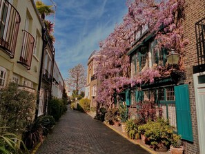 Une rue pavée bordée d’immeubles, dont certains arborent des volets verts et sont recouverts de plantes grimpantes en fleurs.