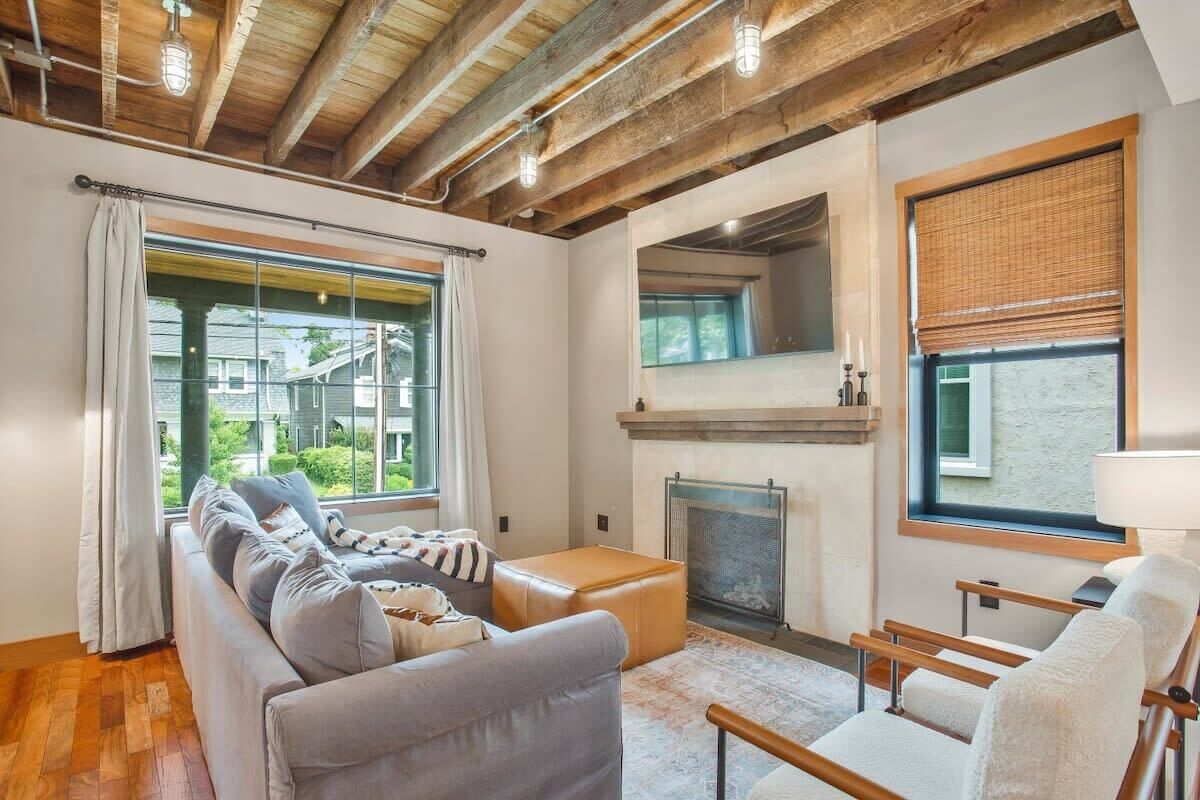 TV, fireplace, foosball, offices