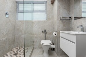 Douche, sèche-cheveux, serviettes fournies, savon