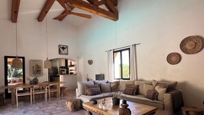 Un salon spacieux doté d’un plafond en bois, d’une grande fenêtre, d’un canapé, d’une table basse et d’un coin repas avec une table et des chaises en bois.