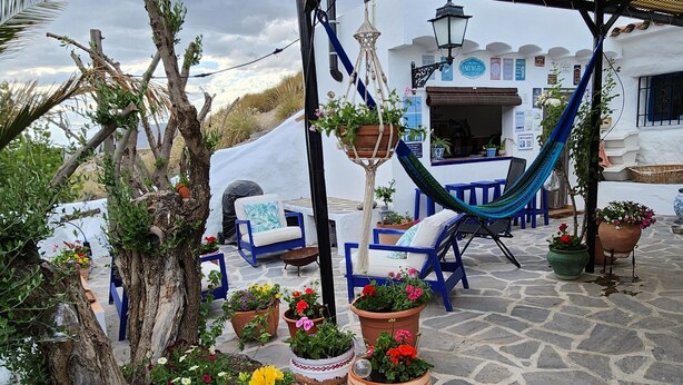 Una terraza con suelo de piedra, mobiliario azul y plantas en macetas.