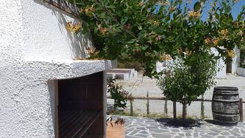 Un patio de piedra con una parrilla, un árbol pequeño y un barril.