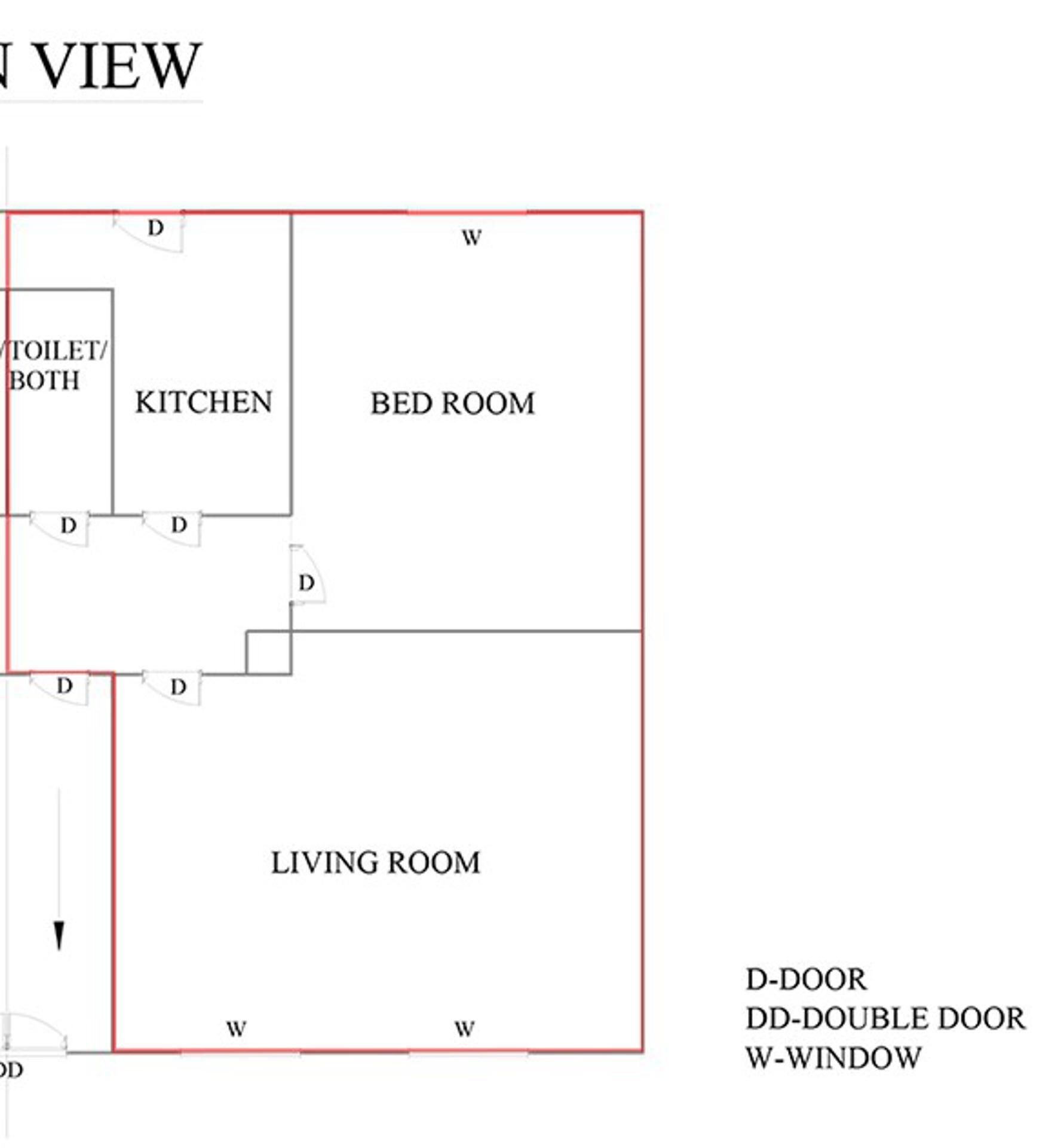 Un plan d’étage comprenant une cuisine, deux chambres et un salon, chacun étant séparé par des portes à double battant.