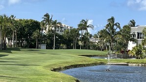 Un parcours de golf avec un étang, des palmiers et des bâtiments en arrière-plan.