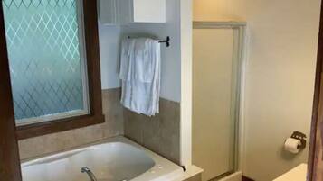 Hair dryer, towels, soap, shampoo