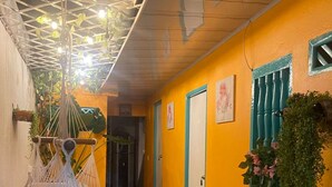 A narrow hallway with a checkered floor, a hammock, and a wall with a vertical garden.