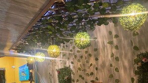 A room with a checkered floor, a hammock chair, a wooden bench, and a wall decorated with hanging plants and a sign that reads "CUANDO tu".