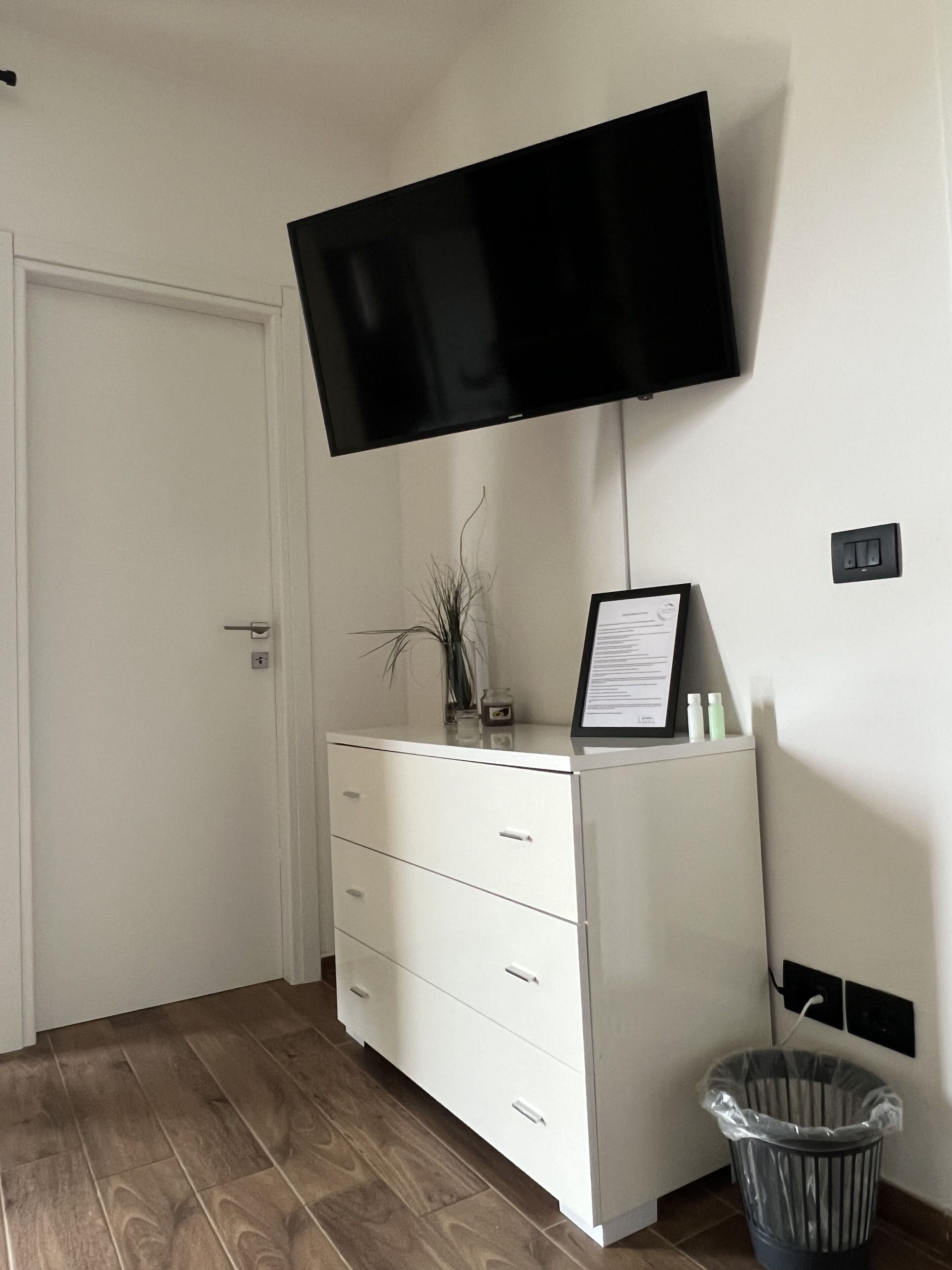 A room with a white dresser, a flat-screen TV mounted on the wall, a small plant on the dresser, and a trash can.