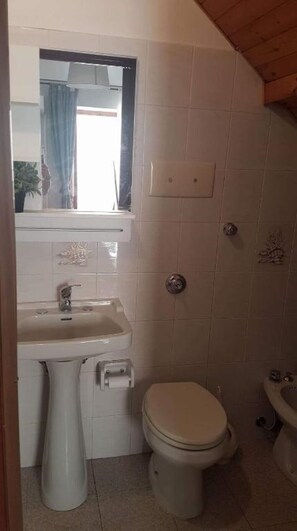Kylpyhuone, jossa on pesuallas, wc ja bidee.