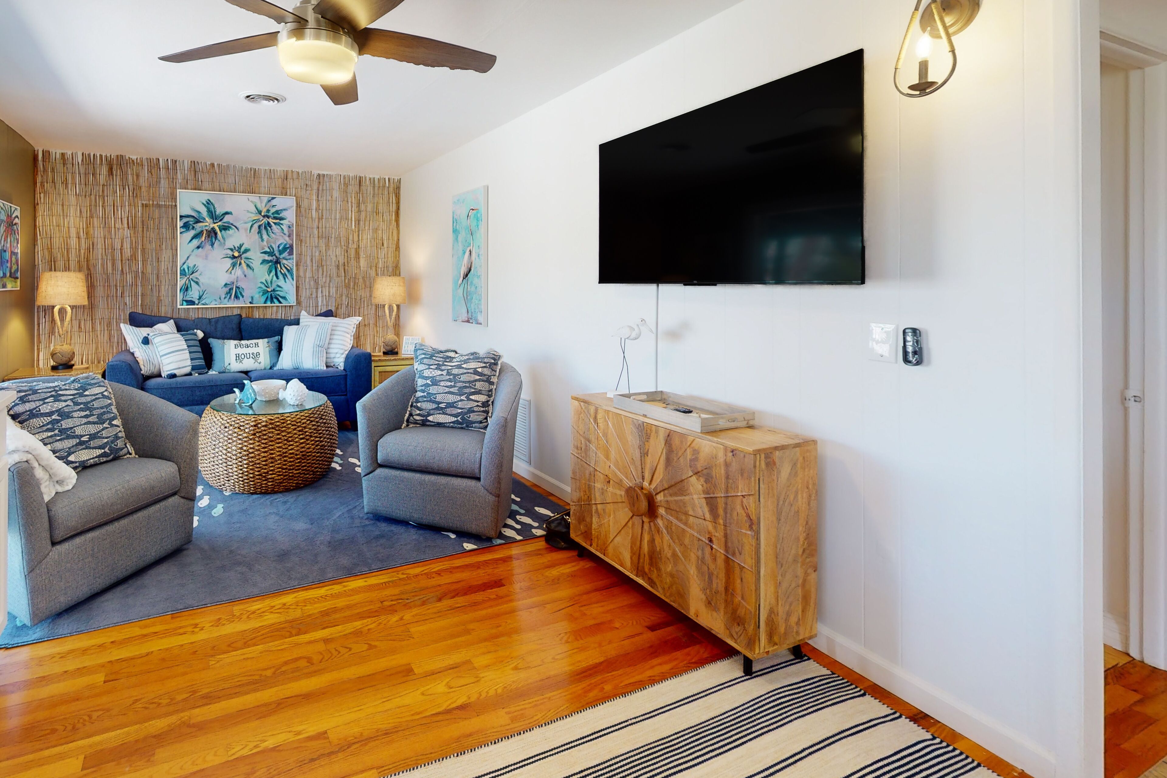 Tropical Palm Island home steps from the beach with grill, outdoor shower, dock