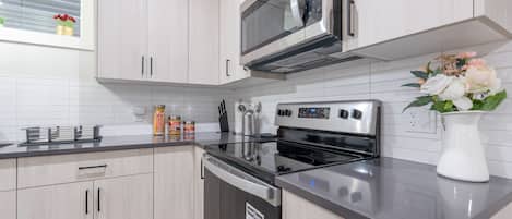 Frigorífico, microondas, horno y placa de cocina