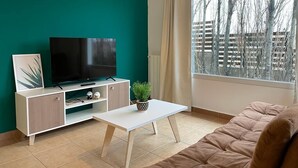Un salon avec un mur de couleur turquoise, un téléviseur posé sur un meuble blanc, une table basse, un canapé marron et une fenêtre donnant sur des arbres sans feuilles.