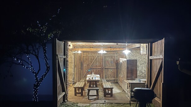 Een open houten constructie met een picknicktafel en banken, een barbecue en lichtjes in een boom.