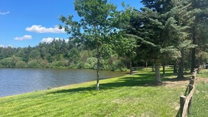 Een rustig park aan een meer, met een houten omheining, weelderige begroeiing en een helderblauwe lucht.