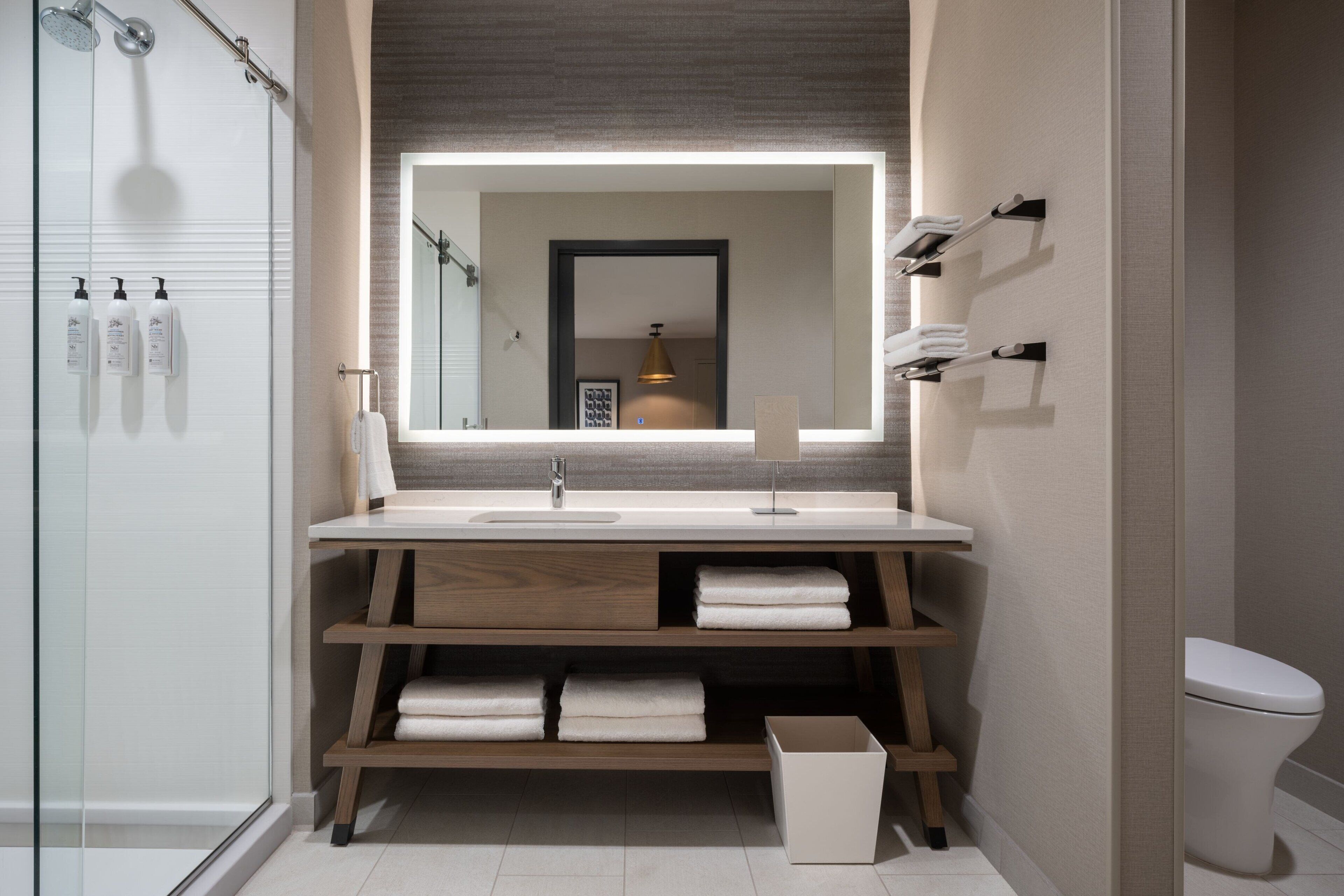 A modern bathroom with a glass shower enclosure, a wooden vanity with a mirror, and a toilet.