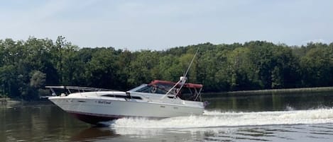 A white speedboat on a calm lake with a forested shoreline in the background.