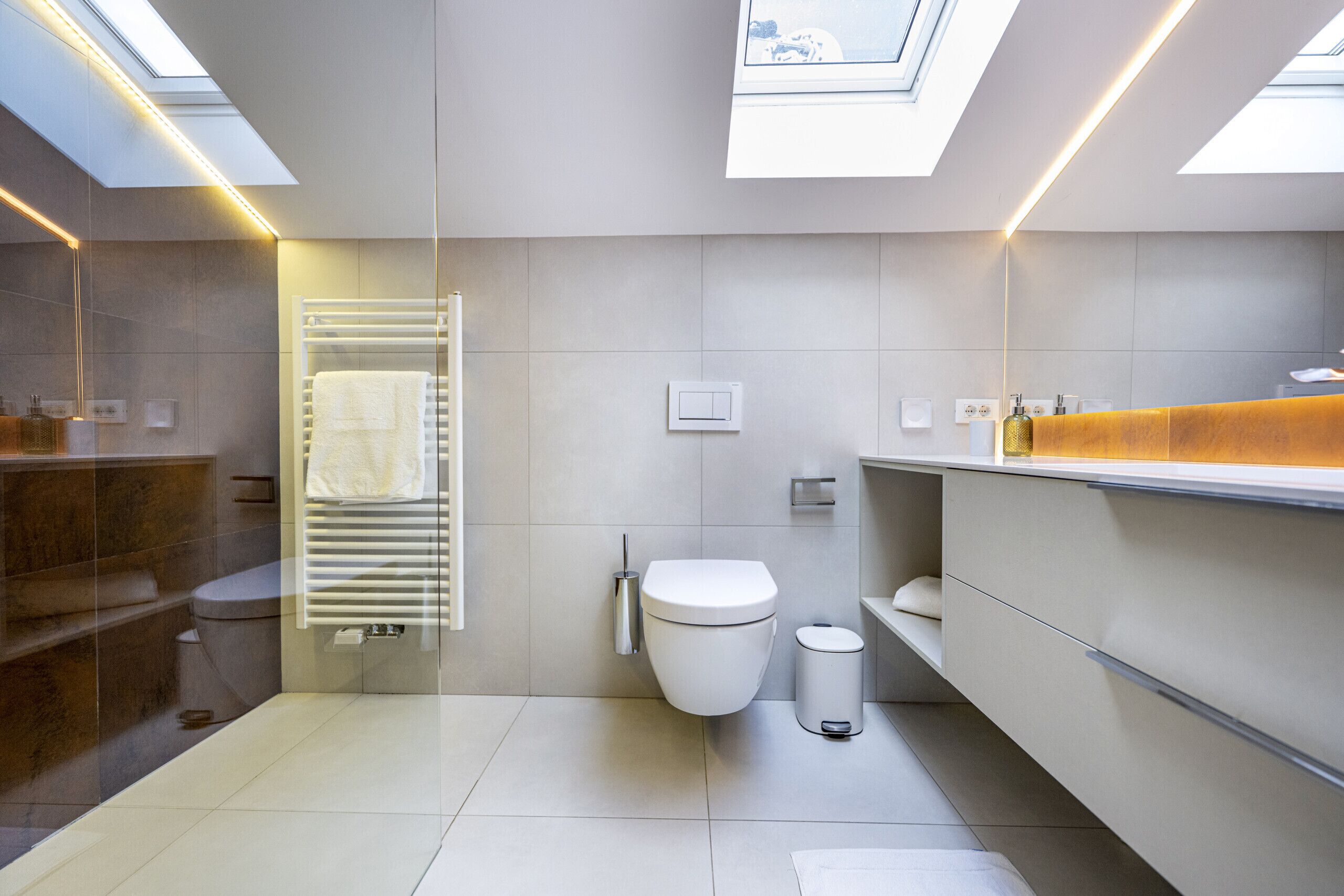A modern bathroom with skylights, a toilet, a trash bin, and a vanity with a mirror.