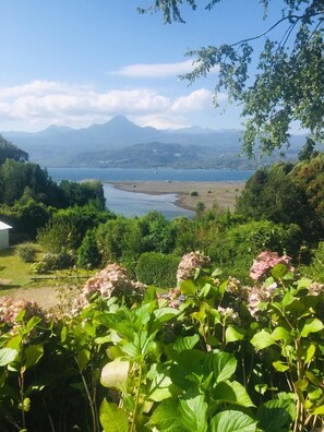 A view of a lake with mountains in the background, surrounded by lush greenery and pink hydrangea flowers in the foreground.
